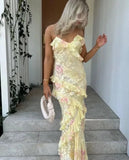 Mermaid Spaghetti Straps Floor Length Floral Yellow Chiffon Evening Dress Prom Dresses SD2045 HZ0628