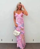 Mermaid Spaghetti Straps Floor Length Floral Yellow Chiffon Evening Dress Prom Dresses SD2045 HZ0628