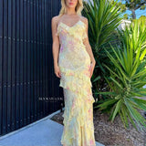 Mermaid Spaghetti Straps Floor Length Floral Yellow Chiffon Evening Dress Prom Dresses SD2045 HZ0628