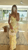 Mermaid Spaghetti Straps Floor Length Floral Yellow Chiffon Evening Dress Prom Dresses SD2045 HZ0628
