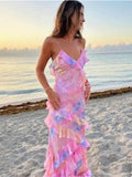 Mermaid Spaghetti Straps Floor Length Floral Yellow Chiffon Evening Dress Prom Dresses SD2045 HZ0628