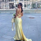 Mermaid Spaghetti Straps Floor Length Yellow Evening Dress Backless Prom Dresses SD2163 HZ0628