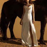 Mermaid Spaghetti Straps Floor-length White Slit Evening Dress Prom Dresses SD2055
