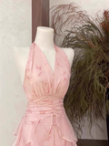 A Line Halter Ruffled Floral Pink Long Women's Holiday Dresses SD206