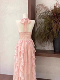 A Line Halter Ruffled Floral Pink Long Women's Holiday Dresses SD206