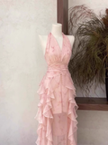 A Line Halter Ruffled Floral Pink Long Women's Holiday Dresses SD206