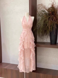 A Line Halter Ruffled Floral Pink Long Women's Holiday Dresses SD206