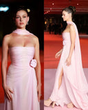 A line Strapless Pink Chiffon Slit Long Evening Dress Prom Dresses SD2070 HZ0628