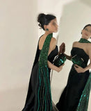 Mermaid Strapless Black Satin Long Evening Dress Prom Dresses With Ribbon SD2071 HZ0628