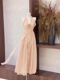 A Line Halter Ruffled Chiffon Long Women's Holiday Dresses SD207