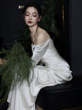 Mermaid Off The Shoulder Pleats Long Sleeves Satin Wedding Dresses SD2084