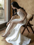 Mermaid Strapless Pleats Long White Satin Wedding Dresses Brides Dress SD2087