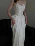 Mermaid Strapless Pleats Long White Satin Lace Wedding Dresses Brides Dress SD2088
