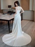 Mermaid Strapless Pleats Long White Satin Lace Wedding Dresses Brides Dress SD2088