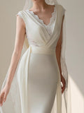 Mermaid V Neckline Lace Pleats White Satin Ruffles Wedding Dresses SD2092