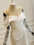 Mermaid Off The Shoulder Pleats Satin Long Sleeves Wedding Dresses Brides Dress SD2096