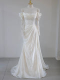 Mermaid Off The Shoulder Pleats Satin Long Sleeves Wedding Dresses Brides Dress SD2101