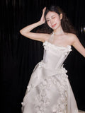 Ball Gown Strapless Neckline Long White Satin Floral Wedding Dresses SD2108