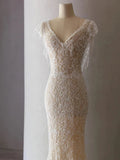 Sheath V Neckline Cap Sleeves Lace Ivory Wedding Dresses SD2115