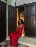 Mermaid V Neckline Red Lace Long Evening Dress Prom Dresses SD2148