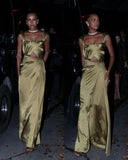 A line Square Neckline Green Satin Long Prom Dress Evening Dress Formal Dress SD2157