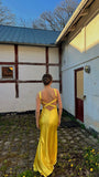 Mermaid Spaghetti Straps Floor Length Yellow Evening Dress Backless Prom Dresses SD2163 HZ0628