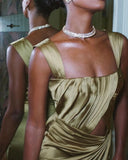 A line Square Neckline Green Satin Long Prom Dress Evening Dress Formal Dress SD2170