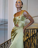 A line Square Neckline Green Satin Long Prom Dress Evening Dress Formal Dress SD2170