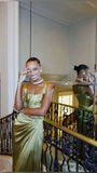 A line Square Neckline Green Satin Long Prom Dress Evening Dress Formal Dress SD2170