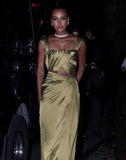 A line Square Neckline Green Satin Long Prom Dress Evening Dress Formal Dress SD2170
