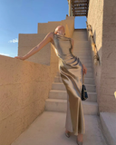 Mermaid Straps Neckline Champagne Satin Long Prom Dress Evening Dress Formal Dress SD2175 HZ0628