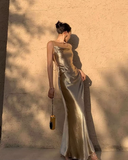 Mermaid Straps Neckline Champagne Satin Long Prom Dress Evening Dress Formal Dress SD2175 HZ0628