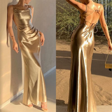 Mermaid Straps Neckline Champagne Satin Long Prom Dress Evening Dress Formal Dress SD2175 HZ0628