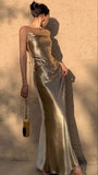 Mermaid Straps Neckline Champagne Satin Long Prom Dress Evening Dress Formal Dress SD2175 HZ0628