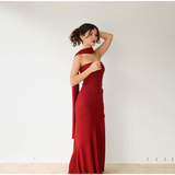 Mermaid Spaghetti Straps Floor Length Red Prom Dress Evening Dress Formal Dress With Ribbon SD2194