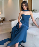 Mermaid Spaghetti Straps Floor Length Navy Blue Prom Dress Evening Dress Formal Dress With Ribbon SD2196 HZ0628