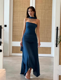 Mermaid Spaghetti Straps Floor Length Navy Blue Prom Dress Evening Dress Formal Dress With Ribbon SD2196 HZ0628