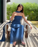 Mermaid Spaghetti Straps Floor Length Navy Blue Prom Dress Evening Dress Formal Dress With Ribbon SD2196 HZ0628