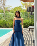 Mermaid Spaghetti Straps Floor Length Navy Blue Prom Dress Evening Dress Formal Dress With Ribbon SD2196 HZ0628