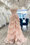 A-Line Off The Shoulder Blush Pink Lace Slit Long Prom Dresses Formal Evening Dress SD2202