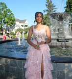 A-Line Straps Blush Pink Lace Long Prom Dresses Formal Evening Dress SD2203 HZ0628