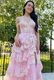 A-Line Straps Blush Pink Lace Long Prom Dresses Formal Evening Dress SD2203 HZ0628