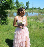 A-Line Straps Blush Pink Lace Long Prom Dresses Formal Evening Dress SD2203 HZ0628
