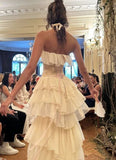 A-Line Strapless Chiffon Long Prom Dresses Formal Evening Dress SD2205