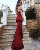 Mermaid Off The Shoulder Satin Burgundy Prom Dresses Long Party Dress SD2220