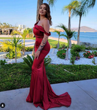 Mermaid Off The Shoulder Satin Burgundy Prom Dresses Long Party Dress SD2220