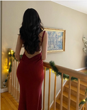 Mermaid Spaghetti Straps Satin Burgundy Prom Dresses Long Party Dress SD2223