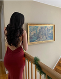 Mermaid Spaghetti Straps Satin Burgundy Prom Dresses Long Party Dress SD2223
