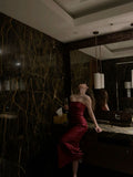 Mermaid Strapless Satin Burgundy Prom Dresses Long Party Dress SD2232