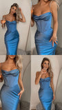 Mermaid Spaghetti Straps Blue Satin Prom Dresses Long Party Dress SD2233